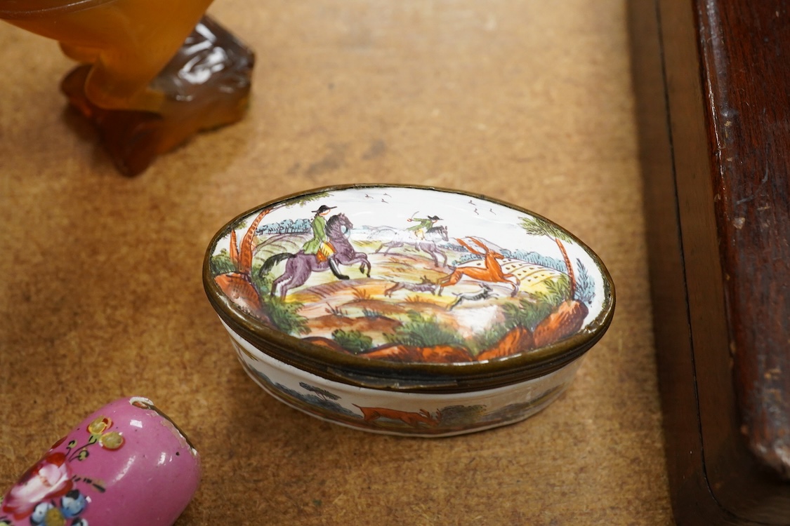 Two 19th century enamel boxes and two enamel shaped vessels, a hardstone elephant, etc.